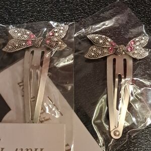 Elegant Pair Of Silver N Pink Bow Hair Clips
